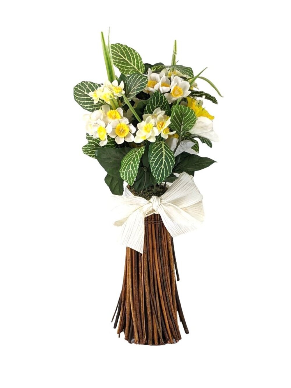 Artificial Yellow & White Floral Bouquet With Twig Base & Bow